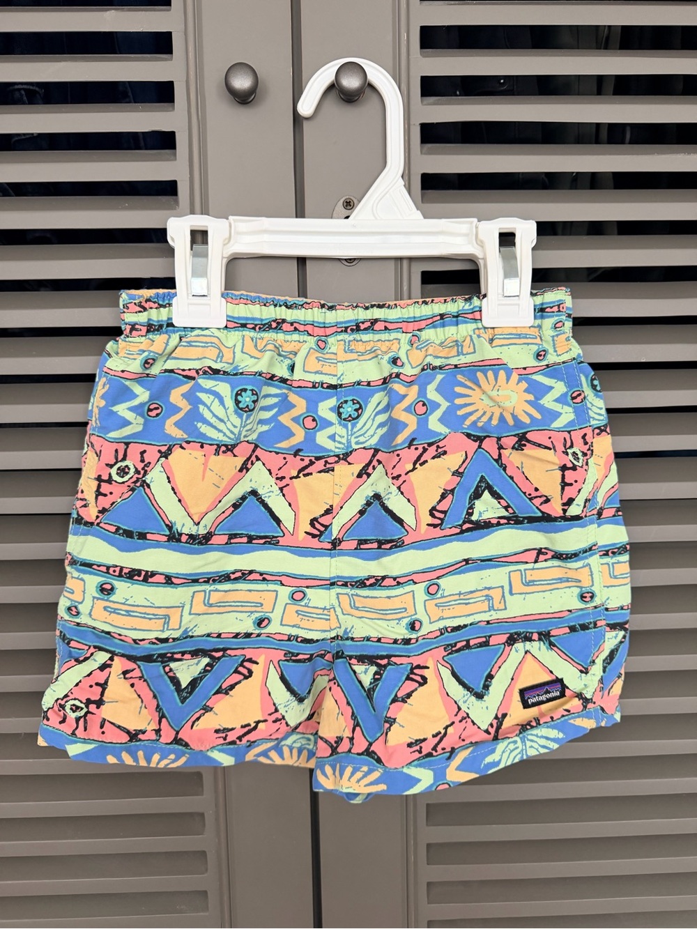 Patagonia Baggies Kids Shorts - Coral, Aqua, Yellow & Blue Geometric Print